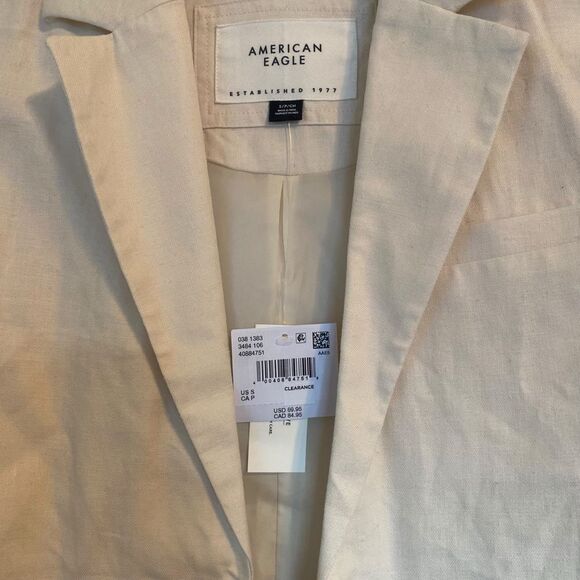 American Eagle Cream Linen Cropped Long Sleeve Button Blazer Size Small - Picture 3 of 9